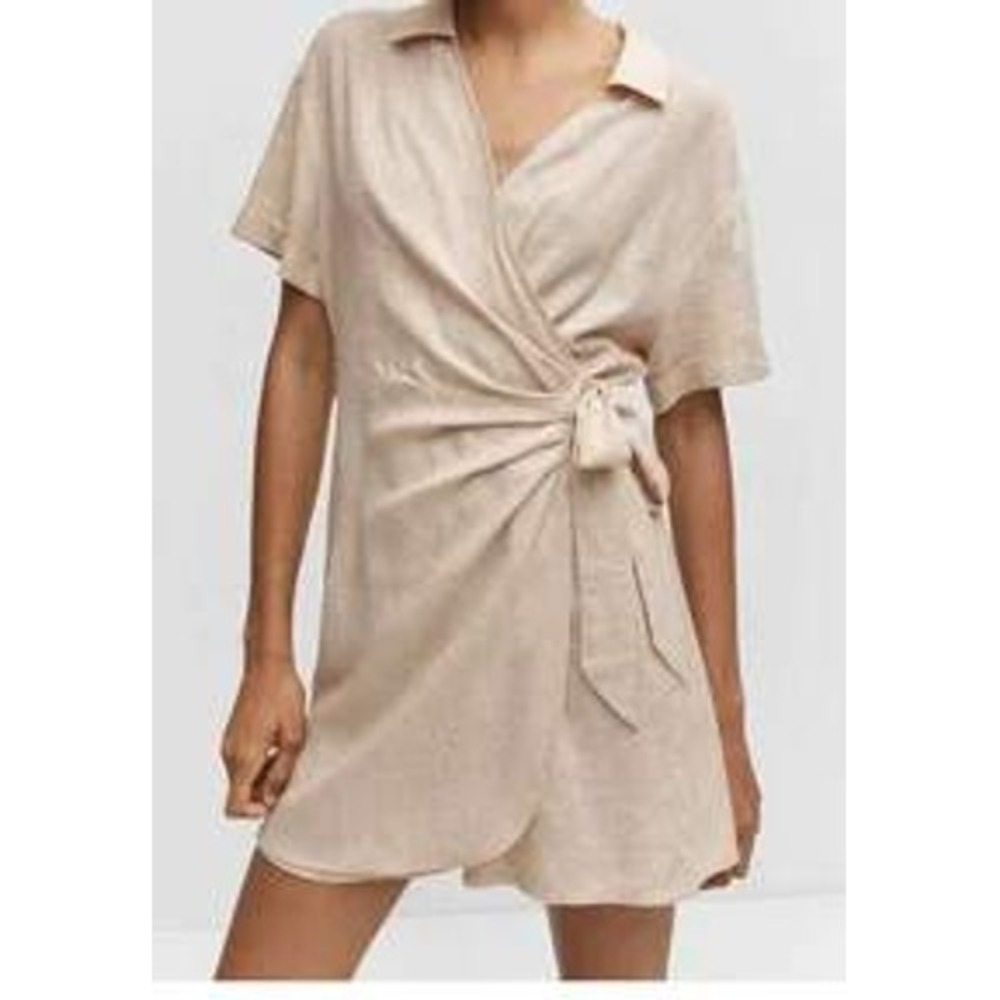 Mango MNG Womens Linen Blend Faux Wrap Romper Beige Collared Jumpsuit Small NWT